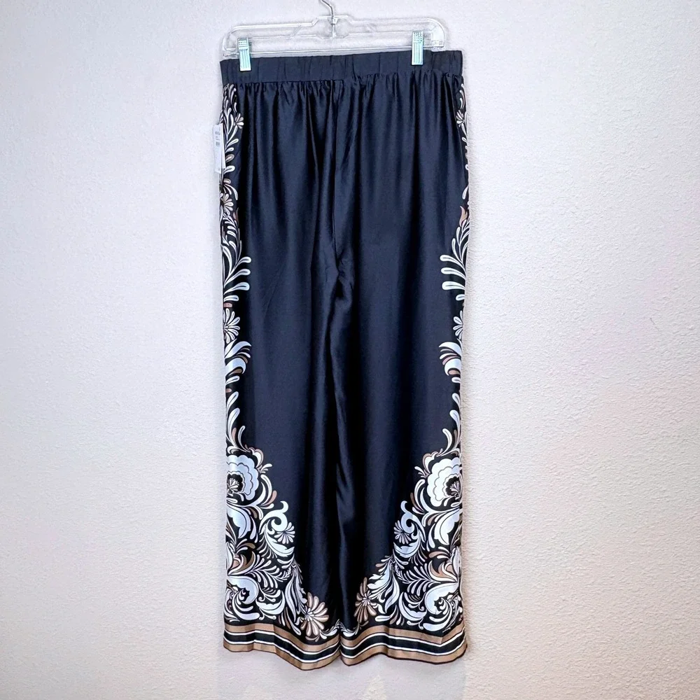 Ellen Tracy Womens Size M Black Gold Floral Wide Leg Satin Palazzo Pants